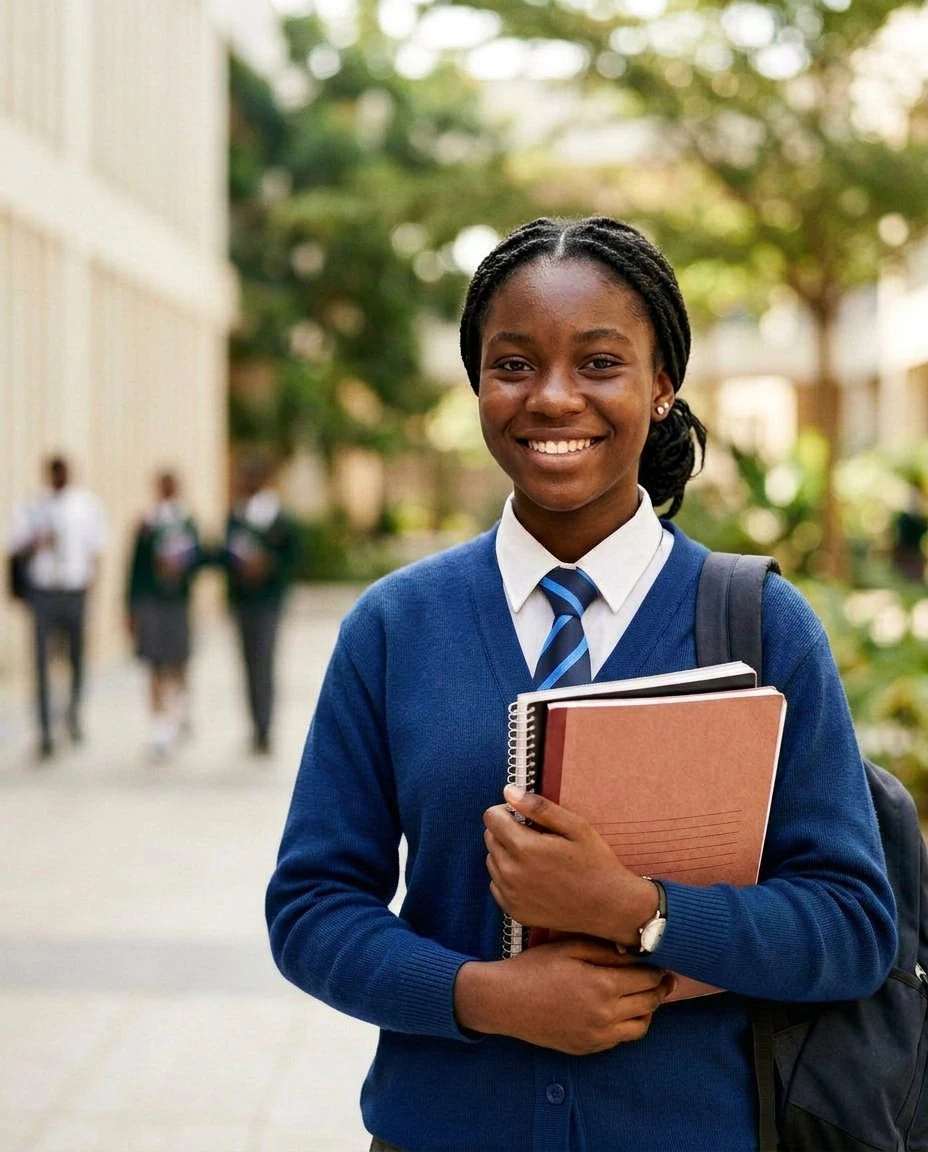 An AI-generated happy student in a blue school uniform